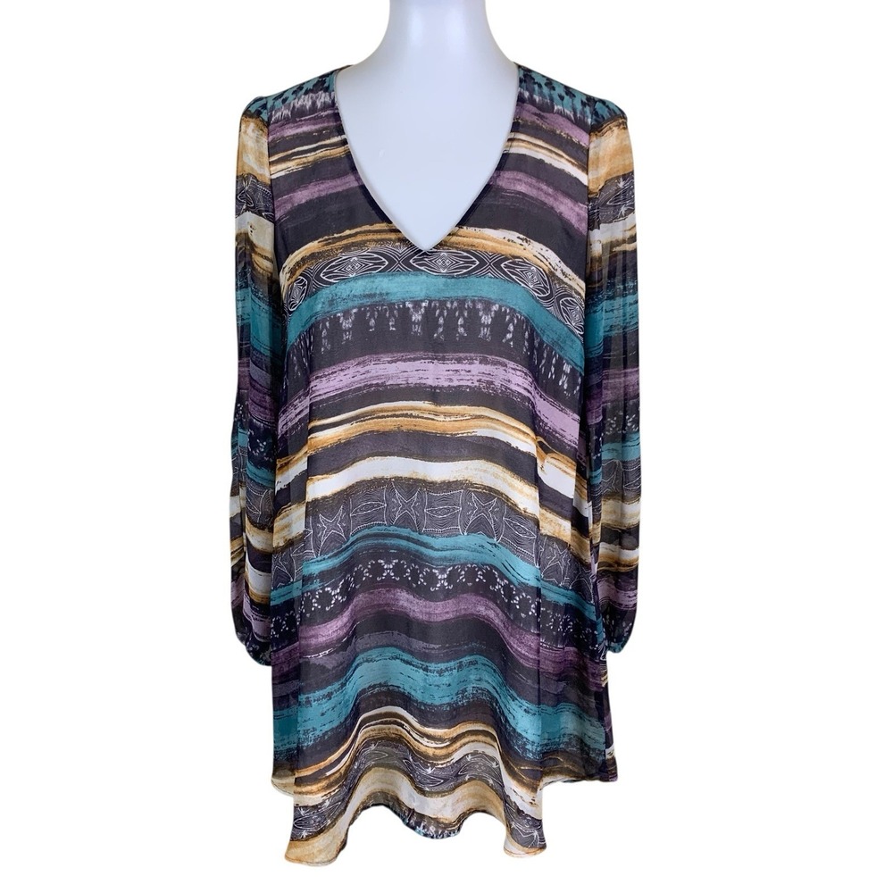 Lavender Brown Abstract Stripe Swing Dress V Neck Long Sleeve Boho XS